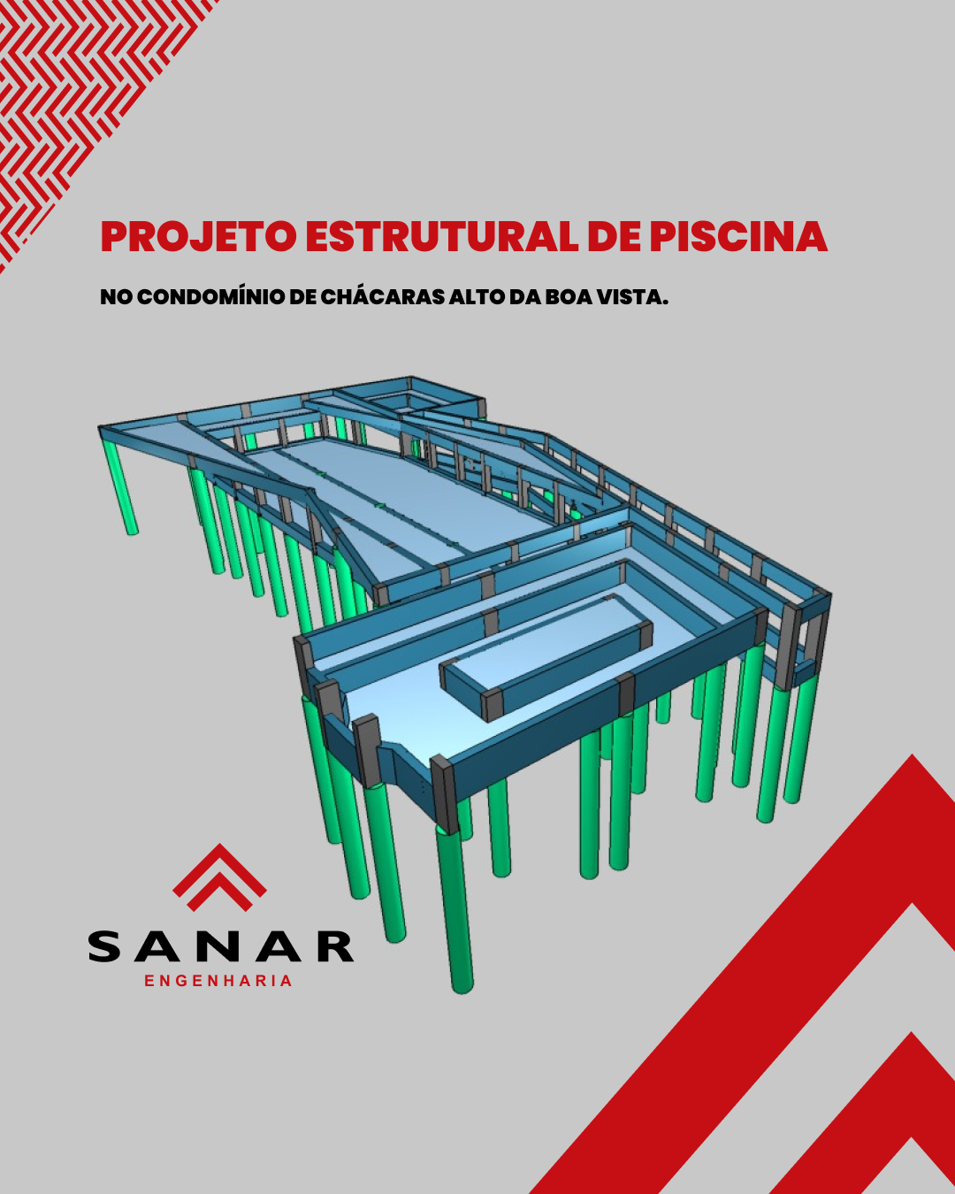 Projeto estrutural de piscina no Condomínio de Chácaras Alto da Boa Vista.